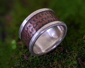 Anillo de banda ancha de cobre y plata - E