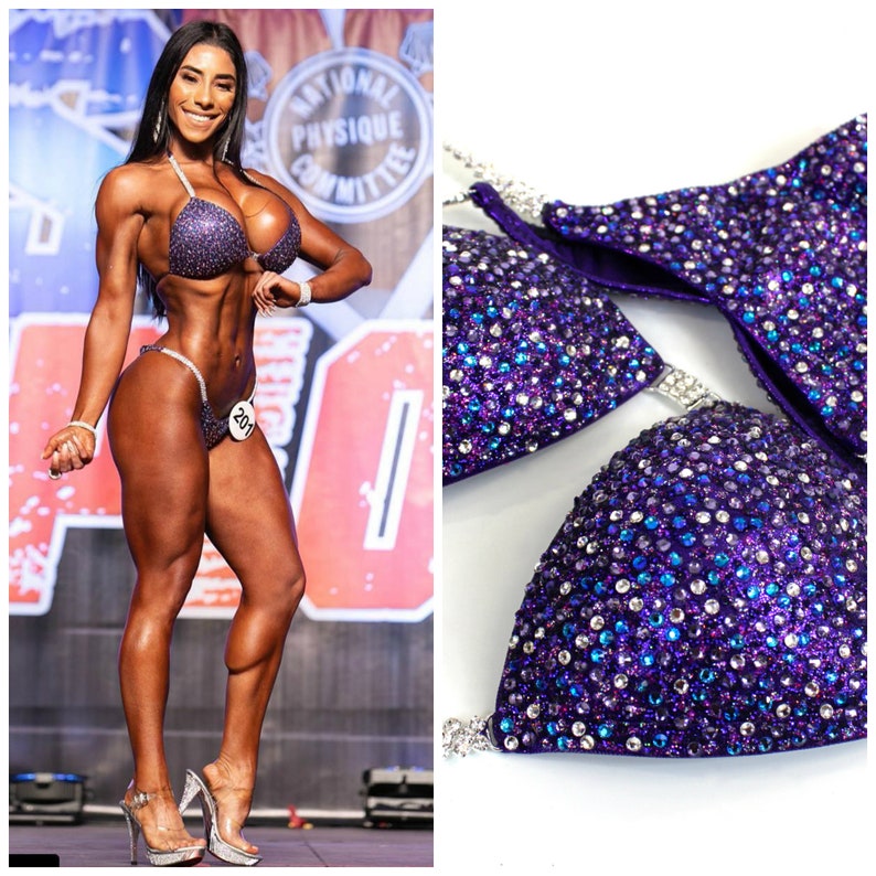 May include: Purple and silver sequined competition bikini with a halter top and a high-cut bottom.