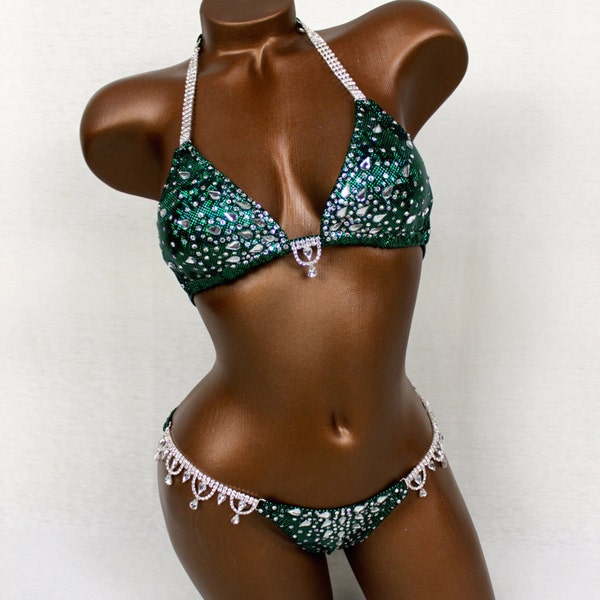 NPC IFBB Competition Bikini / Dark Green Crown Bikini Suit / Custom Crystal Bikini / Fast Shipping / Bodybuilding Bikini / Stage Wear