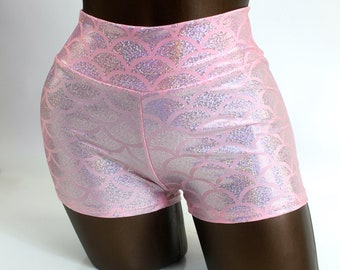 Pantalones cortos de cintura alta con diseño de escamas de pez en color rosa pastel/Ropa sexy para discoteca/Pantalones cortos para practicar poses/Festival rave/Envío rápido