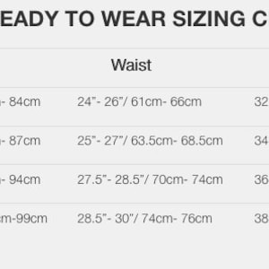 May include: Women's ready to wear sizing chart with bust, waist, and hip measurements in inches and centimeters for sizes XS, S, M, and L.