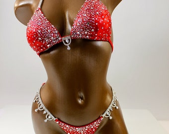 NPC IFBB Competition Bikini/ Bright Red Bikini Suit / Custom Crystal Bikini/ Fitness Posing Bikini / Bodybuilding Bikini /  Fast Shipping