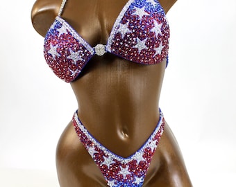 NPC IFBB Competition/Shimmering USA Flag Figure Competition Suit/Custom Crystal Bikini / Fitness Bikini/ Fast Shipping / Bodybuilding Bikini