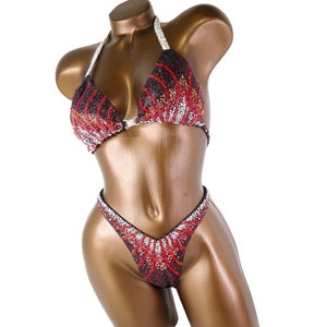 NPC IFBB Competition Suit / Ready Made Red Crystal Lines Figure Competition Suit / Fitness Bikini / Posing Suit / Bodybuilding