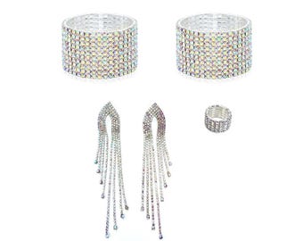 Annina Crystal AB Jewelry Set – Glamour Stretch Bracelets, Draping Earrings & Ring