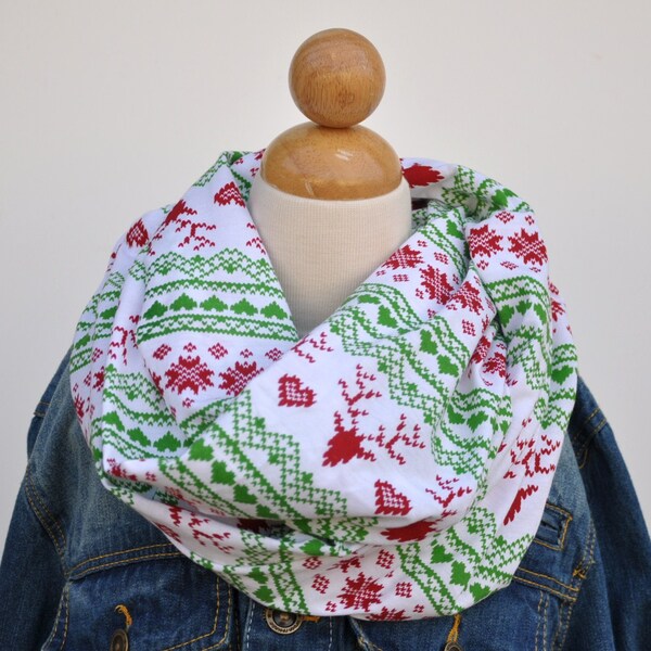Fair Isle Infinity Scarf, Jersey Knit Scarf, Christmas Infinity Scarf, Red and Green, Reindeer Fair Isle