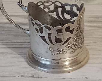 Vintage metal silvered coaster with patterns. Items of the USSR.