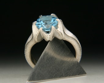 Silver Full Lotus Ring with Blue Topaz