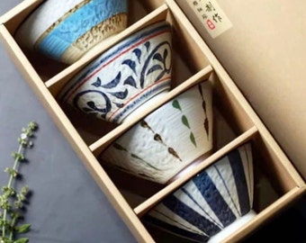 Simpatiche ciotole di riso orientali in stile asiatico cinese giapponese Set di 4 / Ciotole per noodle / Contenitori per ciotole per ramen confezione regalo per anniversario di compleanno