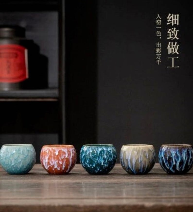 Handgefertigte japanische chinesische Wellenstil asiatische orientalische grün schwarze Teetasse Tassen Kaffeebecher 5er Set Behältern Geschenkbox Geschenk Geburtstag Bild 2