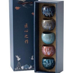 Handgefertigte japanische chinesische Wellenstil asiatische orientalische grün schwarze Teetasse Tassen Kaffeebecher 5er Set Behältern Geschenkbox Geschenk Geburtstag Bild 1