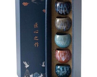 Handgefertigte japanische chinesische Wellenstil asiatische orientalische grün schwarze Teetasse Tassen Kaffeebecher 5er Set | Behältern | Geschenkbox Geschenk Geburtstag