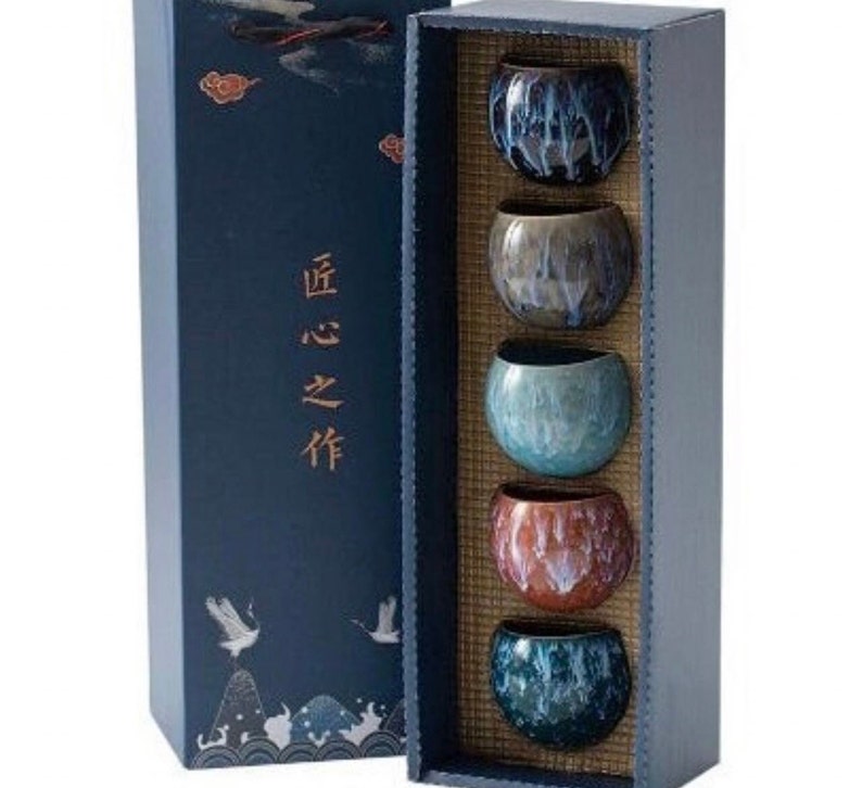 Handgefertigte japanische chinesische Wellenstil asiatische orientalische grün schwarze Teetasse Tassen Kaffeebecher 5er Set Behältern Geschenkbox Geschenk Geburtstag Bild 1