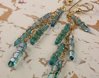 AQUA AURA CASCADE - Natural Quartz Crystal Earrings Natural Rock Quartz Crystals14k Gold-Fill