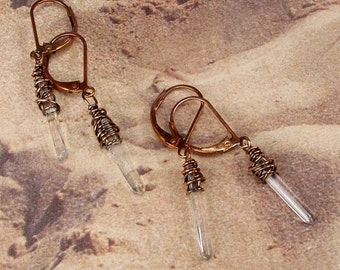 Copper Wrapped Baby Quartz Crystals Earrings