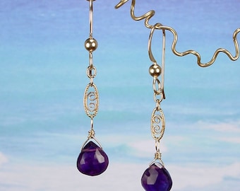 FILIGREE 14k Gold Fill Earrings with Purple Amethyst Faceted Briolettes