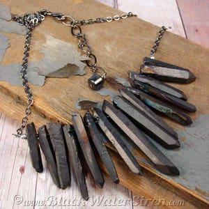 S A L E - MYSTIC COAL - Matte Black Treated Natural Quartz Crystals Fan Necklace