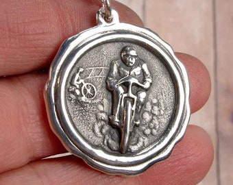 BOARD TRACK RACER - Motorcycle Medallion Pendant in Sterling Silver, Reproduction Created From Original Vintage 1930's Watch Fob