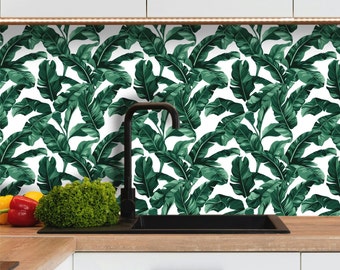 Crédence adhésive cuisine carreaux 15x15cm / 20x20cm type feuillage tropical, carrelage adhésif mural salle de bain en vinyle, 100% français