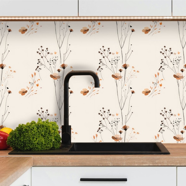 Adhesive backsplash kitchen tiles 15x15cm / 20x20cm minimalist flowers, adhesive vinyl bathroom wall tiles, 100% French