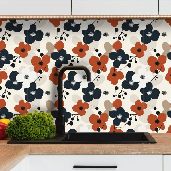 Adhesive backsplash kitchen tiles 15x15cm / 20x20cm tricolor flowers, adhesive vinyl bathroom wall tiles, 100% French