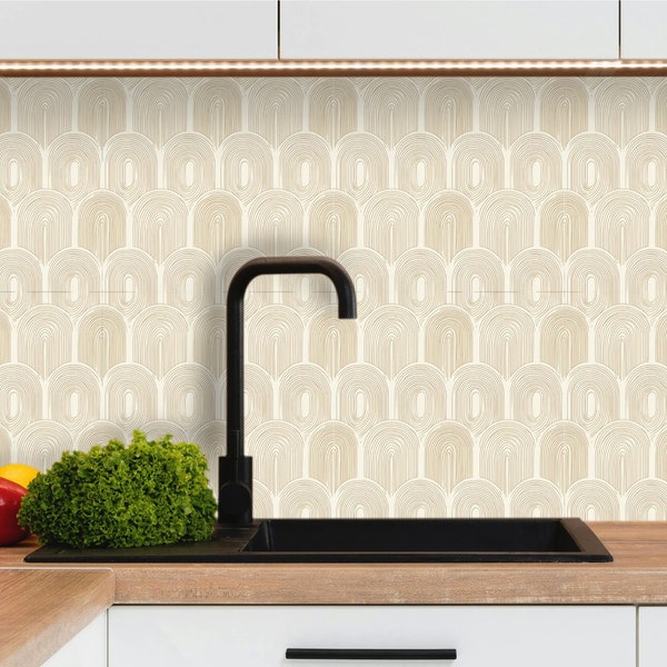 Adhesive backsplash kitchen tiles 15x15cm / 20x20cm gold arc, adhesive vinyl bathroom wall tiles, 100% French