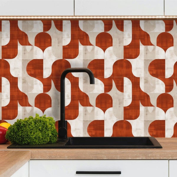 Adhesive backsplash kitchen tiles 15x15cm / 20x20cm modern art red/gray, adhesive vinyl bathroom wall tiles, 100% French