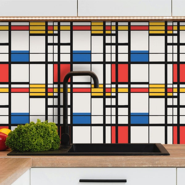 Adhesive backsplash kitchen tiles 15x15cm / 20x20cm Mondrian inspired art, adhesive vinyl bathroom wall tiles, 100% French