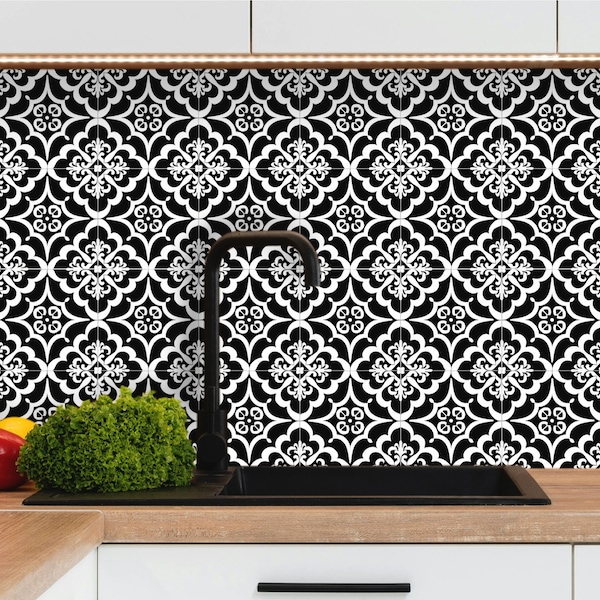 Adhesive backsplash kitchen tiles 15x15cm / 20x20cm black and white azulejos, adhesive vinyl bathroom wall tiles, 100% French