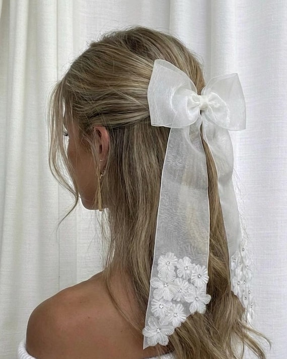 Hair Bow With Clip in White Organza With Delicate Flowers  display picture 3