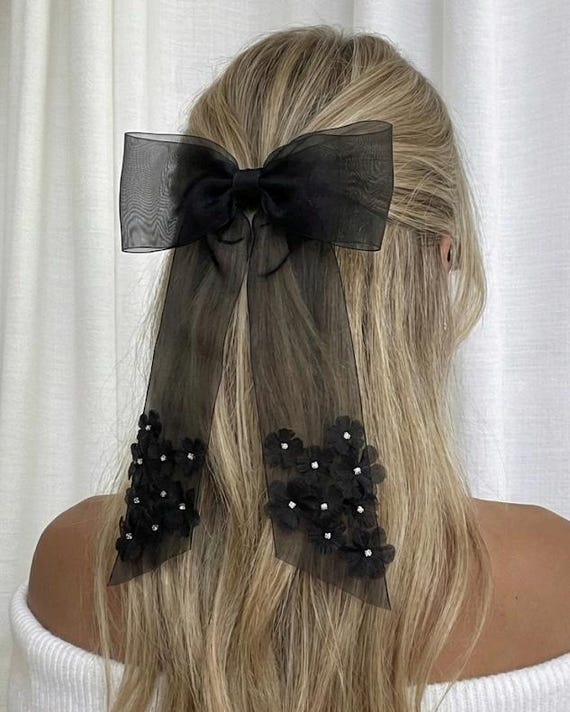 Black Hair Bow With Flowers & Rhinestones – Elegant Hair  display picture 1