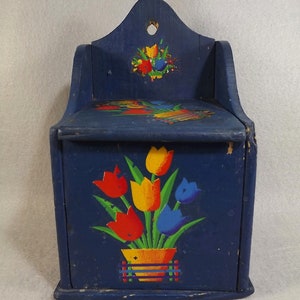 Vintage Holz Salzdose mit Klappdeckel, Aufbewahrungsbehälter, Original Blaue Farbe und Abziehbilder, 15,5 x 4,50 x 9 Zoll