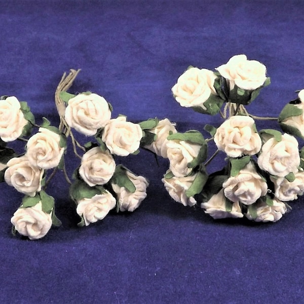 White Small Roses 24 Buds, Soft Paper Weddings Corsage Dolls Fascinator Flower Crowns Veils Holiday Decor 2 Bunches 12 Individual Stems