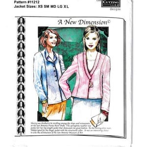 May include: A sewing pattern titled "A New Dimension" featuring illustrations of two jackets. The pattern includes sizes XS to XL. One jacket is light blue with a button closure, and the other is pink with a single button.