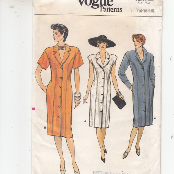 Vogue 9492 Misses Dress Semi Fitted Slenderizing Seams Straight Below Mid-knee Notched Collar Pockets Sewing Pattern Uncut Sizes 14-18