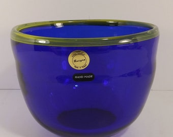 Lucyna Huta Szkla Bowl Cobalt Blue Art Glass Yellow Rim Hand Made Poland