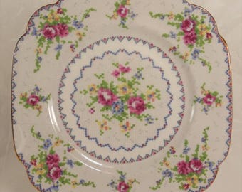Royal Albert Petit Point Dessert Pie Square Plate 6-7/8 inch Floral Pink Roses Dinnerware Bone China 1932-1997 England