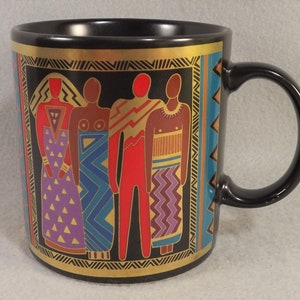 Laurel Burch, Tribal Spirit, Mug for Coffee Tea, Black with Gold Trim and Bright Colors, Like New, No Box, 1988, Signed