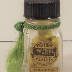 Imperial Linens Gardenia Perfume Tablets Green Tassel Vintage Bottle