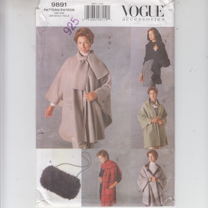 Vogue 9891 Accessories Shawls 4 Styles, Wrap, Muff with Concealed Pocket, One Size, Sewing Pattern Uncut, Top Stitching Details