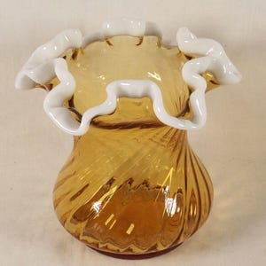 Fenton Amber Vase, Snow Crest, Spiral Swirl, Ruffle Top, 5 inches Tall, ca 1951