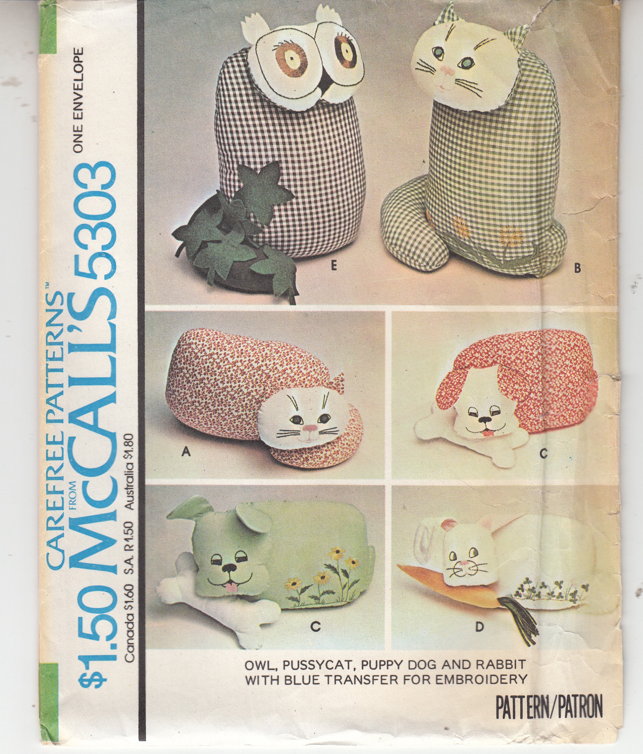 Vintage Calico Pets Owl Pussycat Puppy Dog Rabbit Stuffed Animals 1976 McCall's Sewing Pattern 5