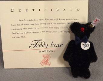 Steiff Club 2000 Black Bear Miniature, Red Stitched Nose, 3.50 inches tall, Ear Button and Tag, COA, Box, Jointed Arms Legs Head, Mohair