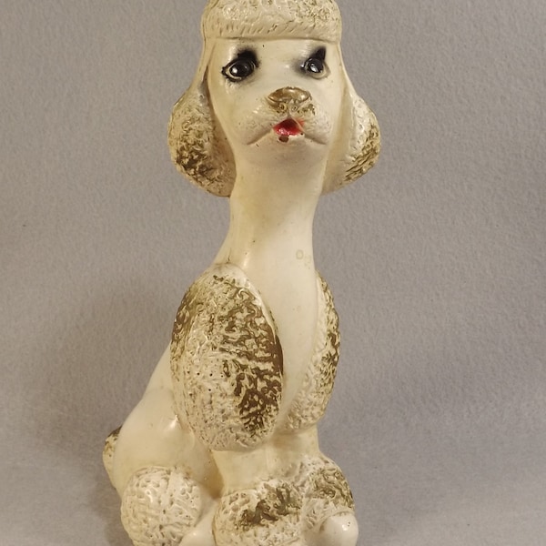 Chalkware Poodle Figurine, White with Gold Accents, MCM Mid Century Modern, Carnival Prize 8.50 inches tall
