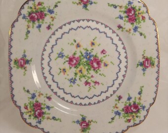 Royal Albert Petit Point Salad Plate Square 7-3/4 inch Floral Pink Roses Dinnerware Bone China 1932-1997 England