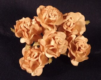 May include: A cluster of six small, pale peach-colored fabric roses. The roses are arranged in a bouquet and have a slightly ruffled appearance.
