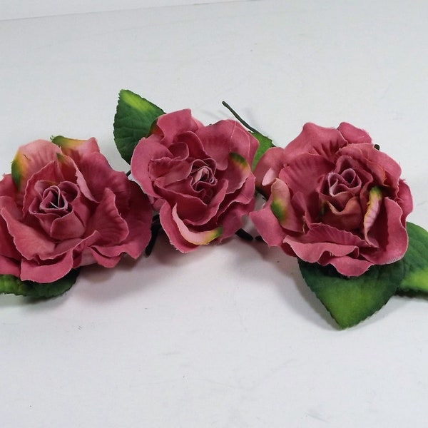 Silk Pink Roses for Weddings Millinery Fascintators Corsages Boutineers, Fabric Green Leaves, Lot of 3