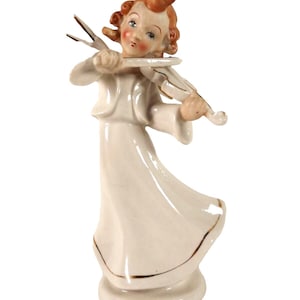 Vintage Hinco H.I. Angel Figurine, 1953, Playing Violin, Porcelain Hand Painted with Gold Accents