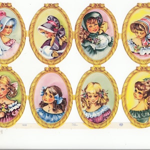 Vintage MLP Victorian Girls Young Ladies in Frames or Medallions Scraps Die Cut Sheet of 8 Printed in England 1632 Embossed