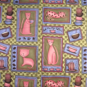 Java Cats Fabric, Wilmington Prints, Pink Cats on Green Background with Brown And Dark Red, BTY, Never Laundered